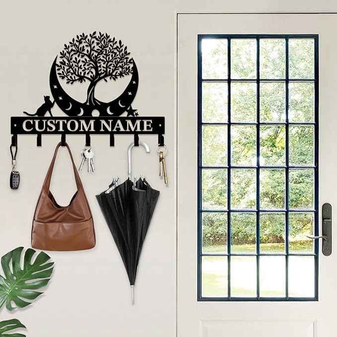 Life Tree Key Hook - Customized Metal Wall Organizer with Name Engraving, Black Iron Home Decor for Themed Collectors (Style C)