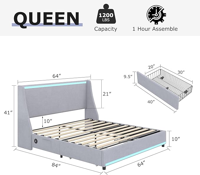 VECELO Queen Size Bed Frame with Storage Drawers, Upholstered Platform Bedframe with Wingback Headboard, No Box Spring Needed, Classic Grey