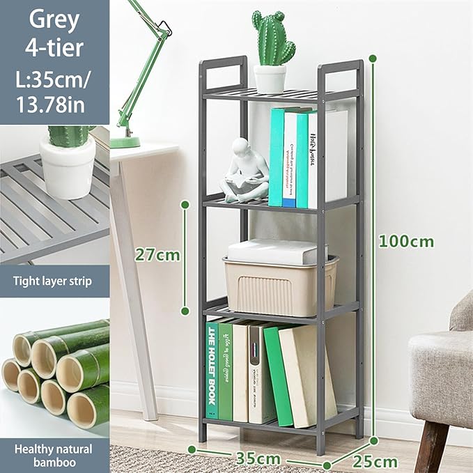 Bamboo Shelf, 4-Tier Bookcase Storage Shelves, Small Book Rack Shelving Unit, Multipurpose Storage Display Shelf for Bathroom Kitchen Living Room Office, 25W x 35D x 100H (4-Tier Grey)