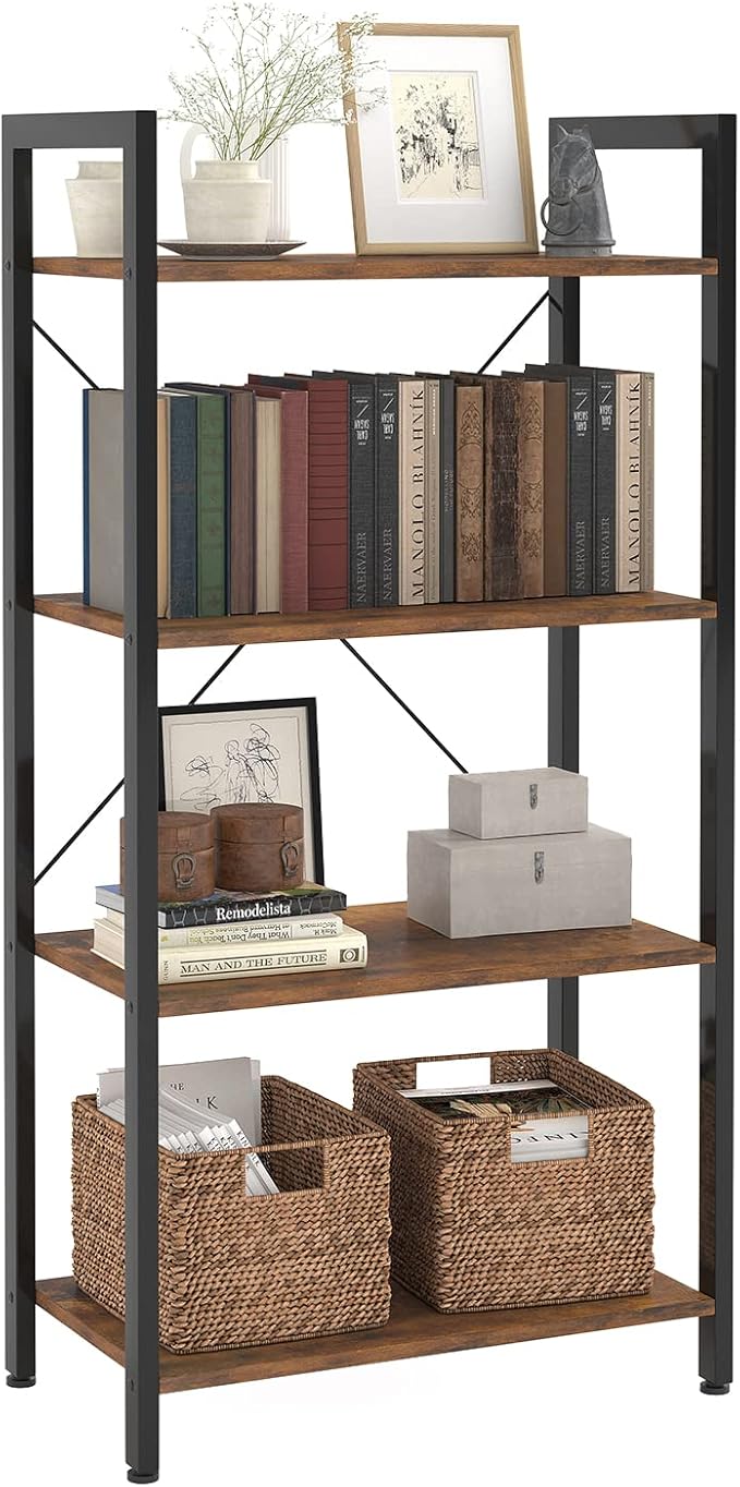 4-Tier Bookshelf, 47.2'' H Ladder Shelf, Industrial Bookcase, Wooden and Metal Storage Rack, Shelving Unit for Living Room Entryway Office, Rustic Brown Book Shelves, 24 * 11.8 * 47.2 inches
