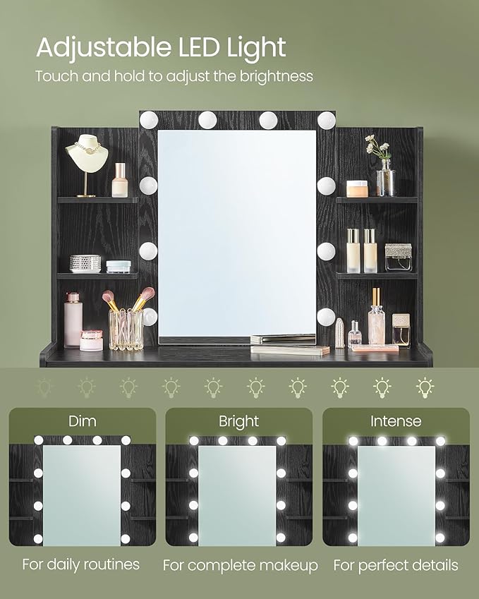 VASAGLE Vanity Desk with Mirror and LED Lights, Makeup Vanity with 6 Drawers, Vanity Table with 4 Open Shelves, 10 Dimmable LED Lights, for Bedroom, Dressing Room, Modern, Ebony Black URDT122B01