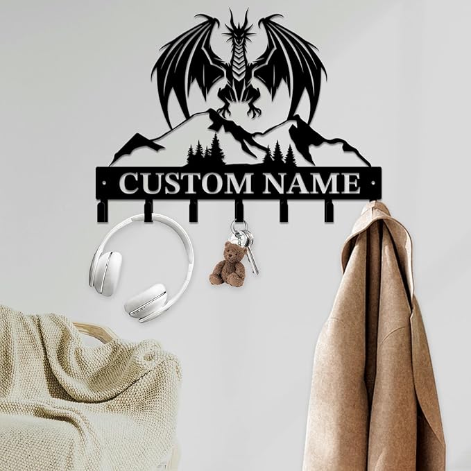 Personalized Evil Dragons Keys Hooks,Custom Name Metal Dragons Art Keys Hooks,Metal Dragons Lover Wall Home Storage Decorative Keys Hooks,Key Holder Hooks for Wall (Style D)