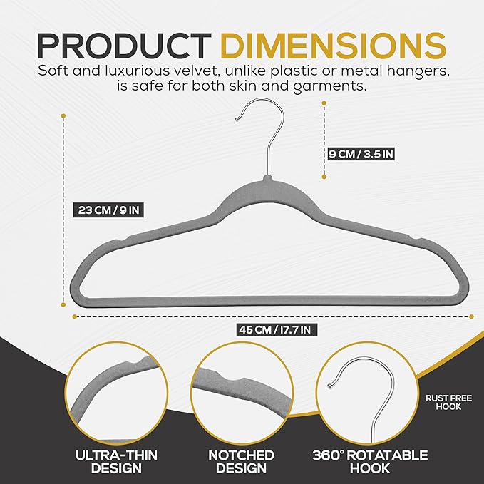 Premium Velvet Hangers 50 Pack Ultra Thin Non Slip Adult Felt Space Saving Slim Suit Hanger for Closet Heavy Duty Coat Pants Jackets Dress Hangers 360° Swivel Hook Hold Upto 10 lbs Gray