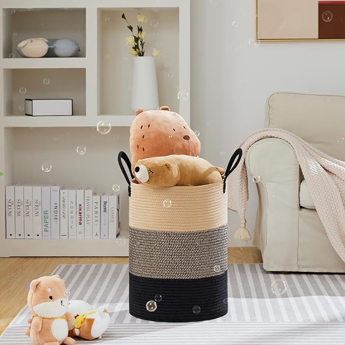 VIPOSCO Large Laundry Hamper, Tall Woven Rope Storage Basket for Blanket, Toys, Dirty Clothes in Living Room, Bathroom, Bedroom - 72L Brown & Black