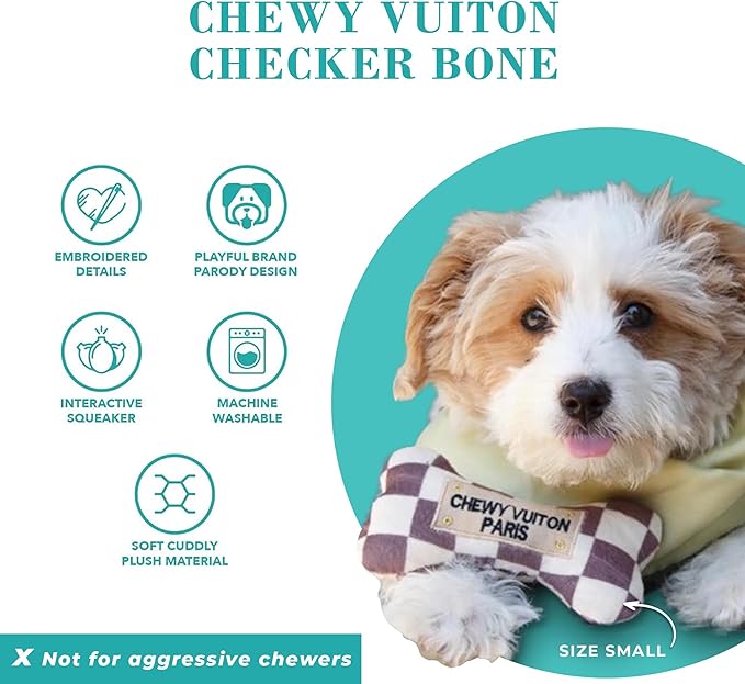 Haute Diggity Dog Checker Chewy Vuiton Bone, Plush Designer Dog Toys with Interactive Squeaker, Stimulating Pet Enrichment, Machine-Washable & Safe Materials for All Breeds, Size Small