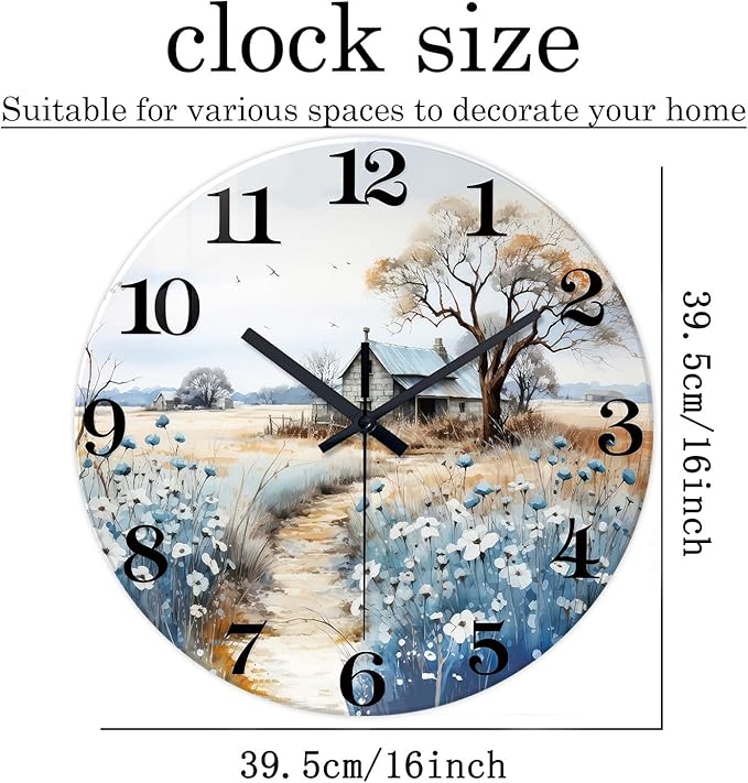 XNM Round Clock Battery Operated 16 Inch Wood Analog Large Wall Clocks for Living Room Blue Flower Wall Clock Silent(No Solid Wood, It is with MDF Material)