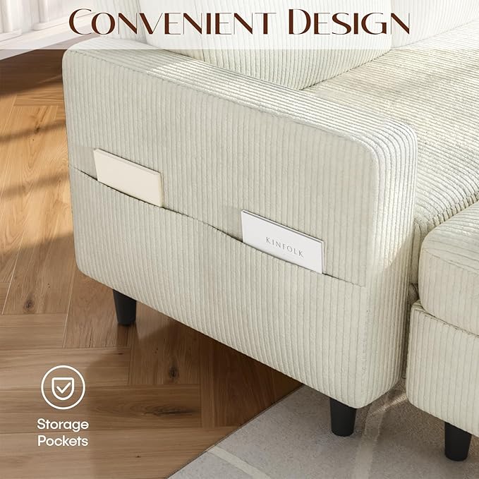 Sectional Couches for Living Room, L Shaped Couch with Storage Ottoman, Small Sofa Corduroy Couch with Side Pockets, Modern 3 Seater Convertible Sofa for Apartment, Office, Beige
