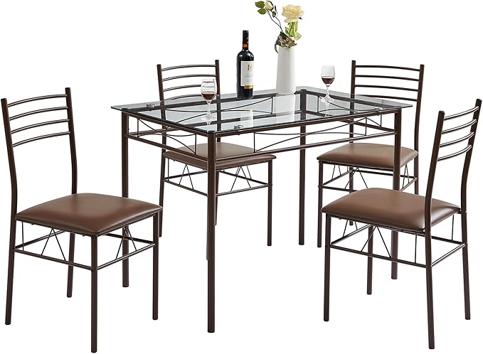 VECELO Kitchen Dining Room Table and Chairs [4 Placemats Included] 5-Piece Dinette Sets, Space Saving (Brown)