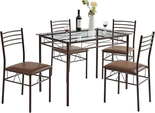 VECELO Kitchen Dining Room Table and Chairs [4 Placemats Included] 5-Piece Dinette Sets, Space Saving (Brown)