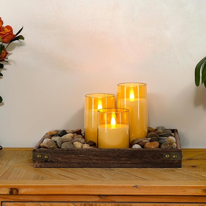 Homemory Realistic Flickering Flameless Candles, Battery Operated Candles with Remote Control and Timer, LED Fake Electric Candle for Home, Christmas Decoration, Gold, Set of 3