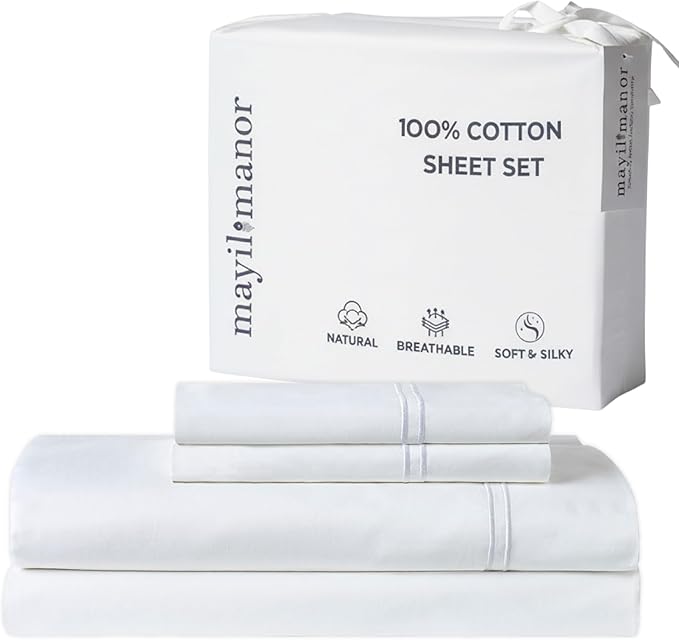 100% Natural Cotton Bed Sheets | 500 TC Single-Ply Sateen Weave Cal King Sheet Set | Breathable & Hypoallergenic Solid 4-Piece Bedding with Deep Pocket Fitted, Flat, Pillowcase | White