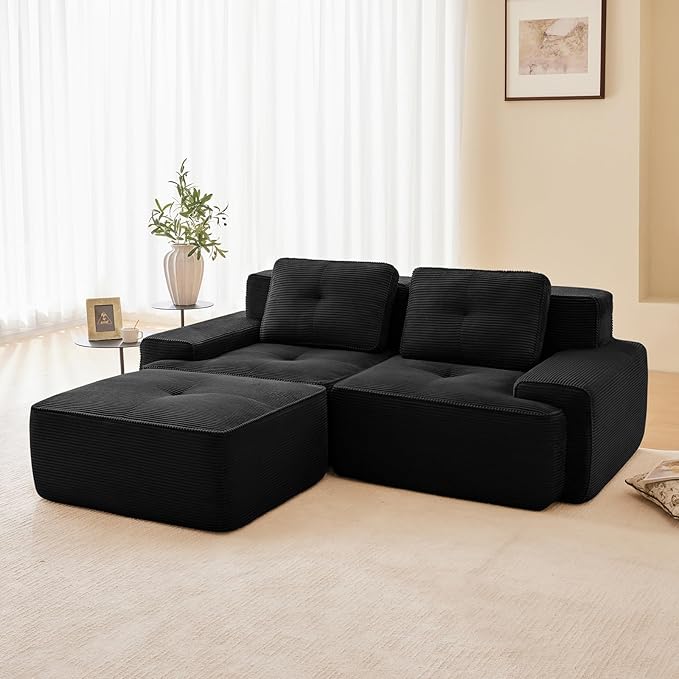 80" Modern Compressed Boneless Love Seat Couches with 1 Ottoman, 2 Seater Large Sectional Couches for Living Room, Black Corduroy Cloud Modular Sectional Sofa, Memory Foam, Deep Loveseat, No Assembly