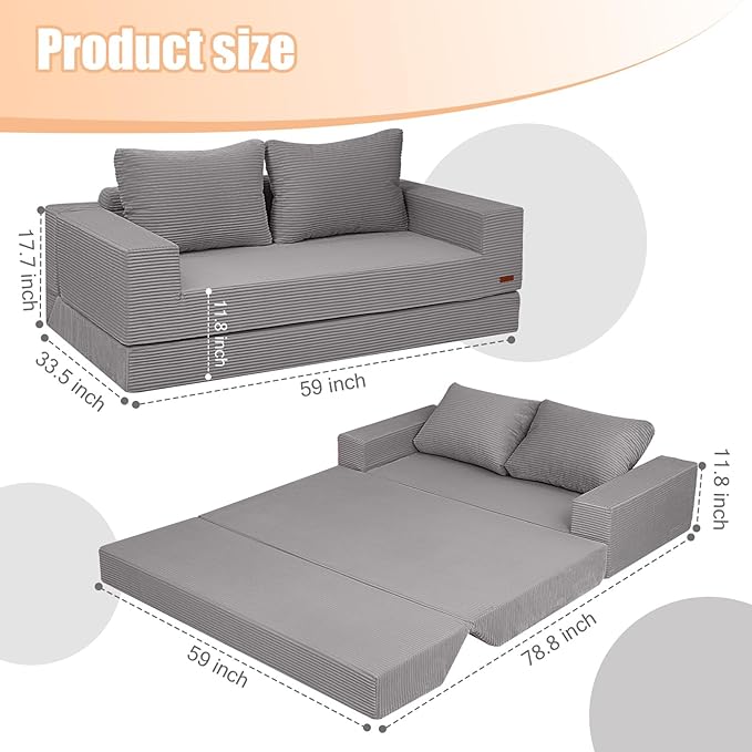 COMAX Convertible Sofa Bed Queen, Corduroy Folding Floor Couch Pull Out Couch Bed Futon Sleeper with Pillows, Fold Out Boneless Sofa Comfy Lounge Mattress Loveseat for Living Room Bedroom, Light Grey