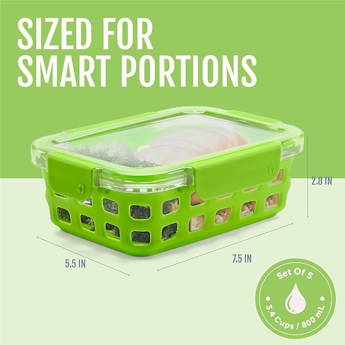 Ello Duraglass 3.4 Cup Meal Prep Sets 10Pc, 5 Pack Set- Glass Food Storage Container with Silicone Sleeve and Airtight BPA-Free Plastic Lids, Dishwasher, Microwave, and Freezer Safe, Fruit Salad