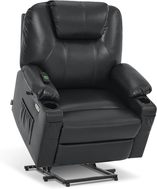MCombo Extra Wide Power Lift Recliner Chair for Elderly, Lift Chair with Heat and Massage for Big People, USB&Type C Ports, Cup Holders, Faux Leather R7045 (Black, Medium-Wide)