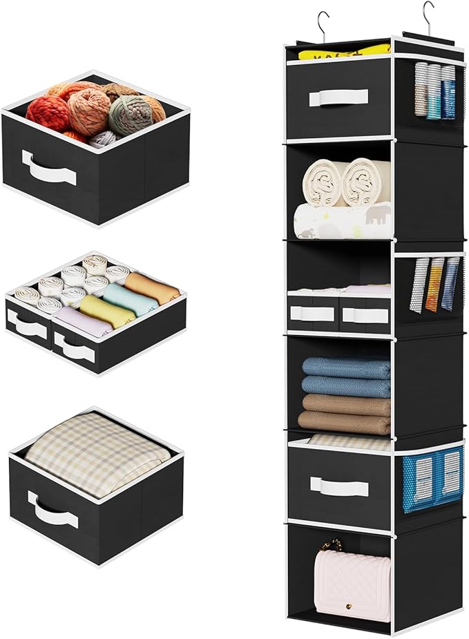 Univivi 6 Shelf Hanging Closet Organizer and Storage with 4 Removable Drawers & 6 Side Pockets,Wardrobe Clothes Organizer,Closet Hanging Shelves,Hanging Storage Organizer,Foldable