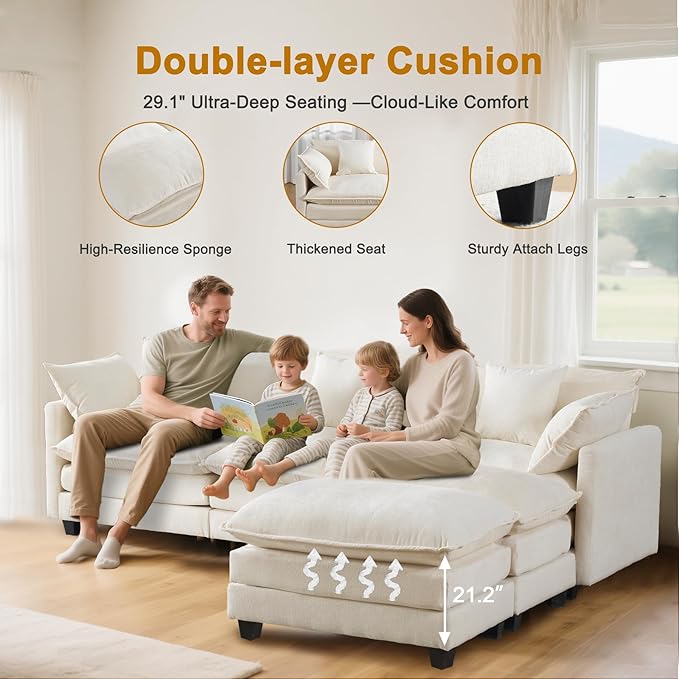 111.4" U Shaped Cloud Couch Sectional with 2 Ottoman｜Modular Chenille Sofa with 29.1" Deep Seat｜FSC Solid Wood Frame｜Easy Assembly & 1YR Guarantee｜for Living Room Bedroom Apartment