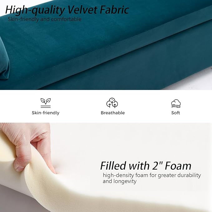 Velvet Storage Bench for Bedroom, 55" End of Bed Bench for King Size Bed, Modern Upholstered Long Ottoman Bench with Arms and 2 Pillows for Living Room/Entryway (Teal/Blue-Green)