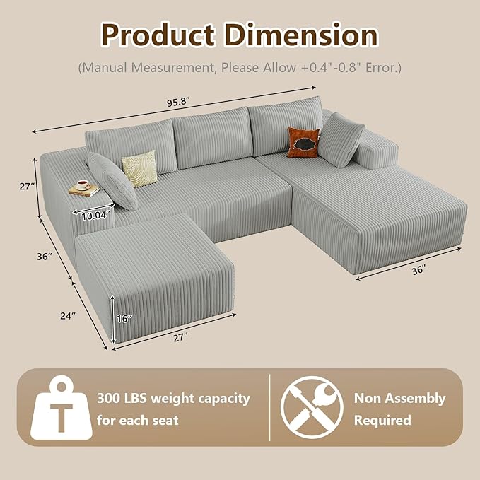 96" U-Shape Cloud Couch, Modern Modular Sectional L-Shape Sofa with Ottoman, Corduroy Upholstered Couches Deep Seat Chaise Longue for Living Room, No Assembly Required(Light Gray, Right Facing)