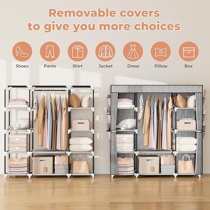 VTRIN Portable Closet Wardrobe for Hanging Clothes 57.3 Inch Large Capacity Clothes Rack with Cover, 10 Storage Organizer Shelves, 1 Hanging Rods and 6 Pockets, Free Standing Closet, Printing