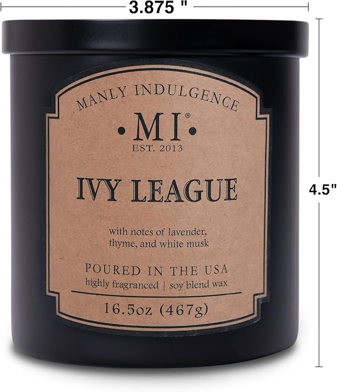 Manly Indulgence Ivy League Scented Candles for Men, 2 Wick, 16.5 oz, Premium Soy Blend Wax, 60H Burn, Candles for Home Scented - Made in The USA