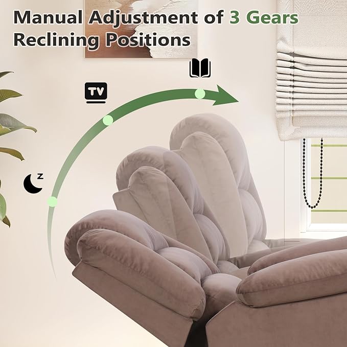 ANJ Fabric Recliner Chair with Overstuffed Arm and Back, Comfy Chocolate Manual Reclining Chairs for Adults, Living Room Single Sofa Recliners