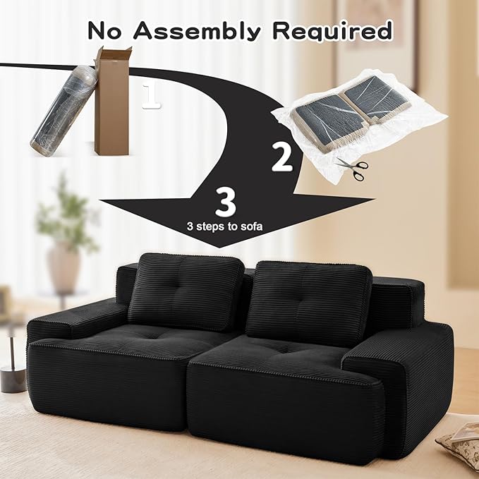 80" Modern Compressed Boneless Love Seat Couches, 2 Seater Large Sectional Couches for Living Room, Black Corduroy Cloud Modular Sectional Sofa, Memory Foam, Extra Deep Loveseat, No Assembly