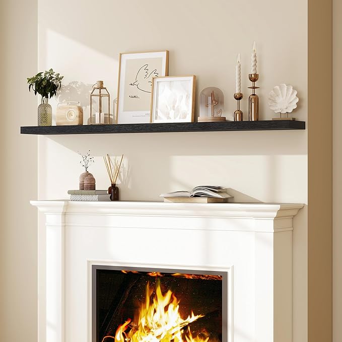Fun Memories 72 Inch Floating Shelves for Wall, Fireplace Mantel Shelf with Invisible Heavy Duty Bracket, 8 Inch Deep Storage Shelf for Living Room, Kitchen, Farmhouse, Black