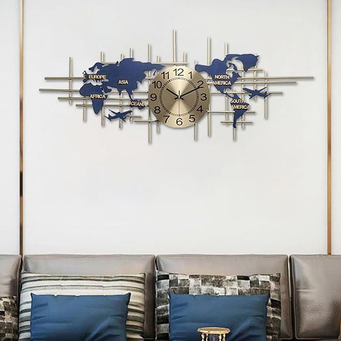 37.8 Inch Modern World Map Wall Clock, Silent Quartz 3D Design, Large Handmade Iron Frameless Decorative Clock for Living Room, Bedroom, Kitchen, Office (Large)