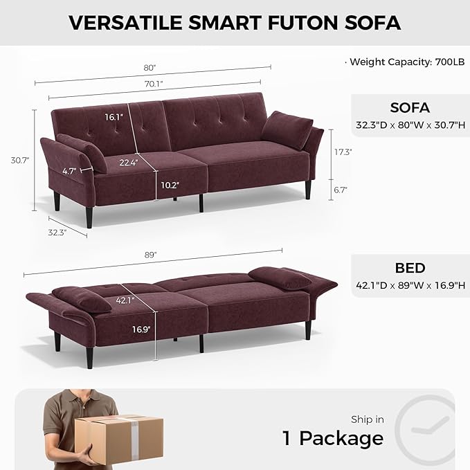89” Futon Sofa Bed, Comfy Futon Couch Bed with 2 Square Pillows, Convertible Sleeper Sofa with Adjustable Backrest& Armrests, Modern Loveseat Sleeper for Living Room,Velvet Fabric Burgundy