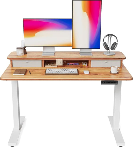 FEZIBO 48 x 24 Inch Height Adjustable Electric Standing Desk with Double Drawer, Computer Desk, Home Office Stand Up Table with 4 Height-Adjustable Feets & 2 Hooks, Light Rustic