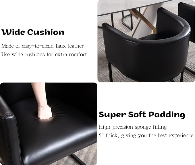 Faux Leather Dining Chairs Set of 4 Modern Barrel Arm Chairs with Black Metal Frame, Upholstered Kitchen Chairs 18.5" Wide Accent Chair for Living Room Dining Room Restaurant, Black