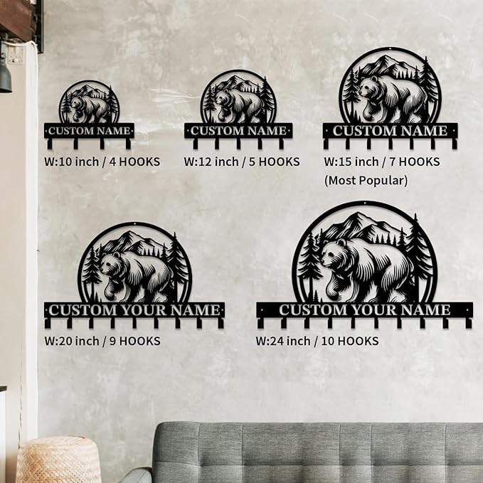 Personalized Custom Name Bear Key Wall Hooks,Metal Bear Keys Clothes Hooks,Metal Bear Wall Home Storage Decorative,For Front Door, Hallway, Kitchen, Bedroom,Keys,Hats (Style P)