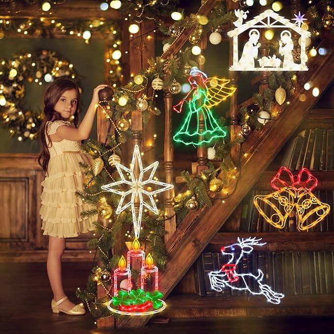 16” Christmas Window Silhouette Lights - 6 Pack Colour Lighted Reindeer ＆ Bethlehem Star ＆ Nativity ＆ Candle ＆ Angel ＆ Bell for Holiday Indoor and Outdoor Wall Door Window Decorate