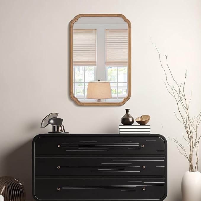 WallBeyond 24" x 36" Rounded Corner Arch Wall Mirror with Wood Frame for Entryway, Living Room or Bedroom Home Decor - Light Woodgrain [24" x 36" Honey-Colored]