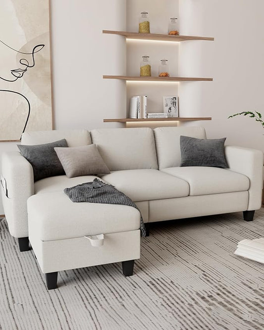 Sectional and Sofa Couches for Living Room, Linen 3-Seat L-Shaped Sofa with Storage Ottoman, Pet-Friendly Washable Fabric, Convertible Couches for Small Apartments, Bedroom, Office