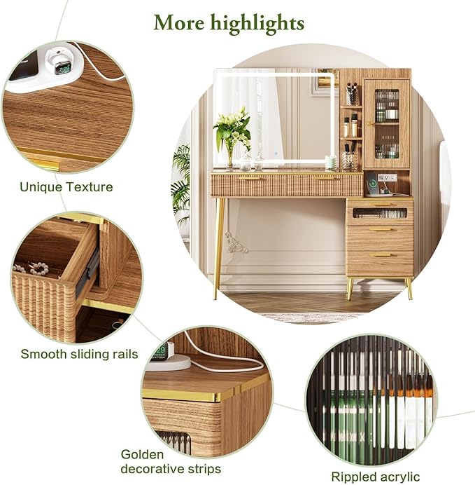 47.24" Big Modern Vanity Desk with Mirror and Lights,Makeup Vanity Desk with 5 Drawers and Storage Shelves & Power Outlet,Dressing Table with Glass Top, Oak