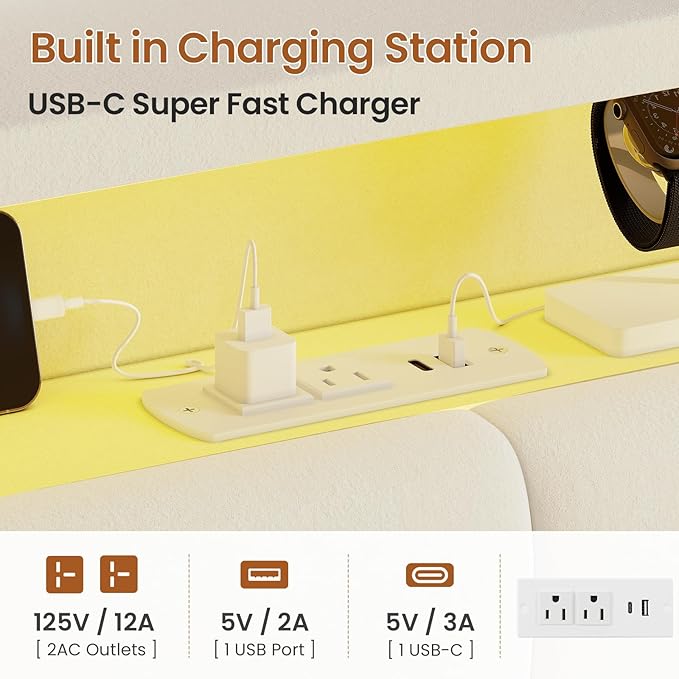 ADORNEVE Lift Up Storage Twin Bed Frame with LED Lights, Hidden Storage Headboard and Charging Station, Upholstered Platform Bed, LED Bed with Hydraulic, No Box Spring Needed, Creamy White