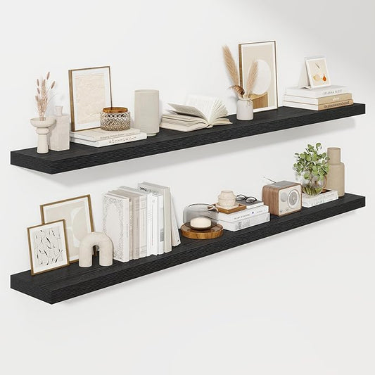 Fun Memories 72 Inch Floating Shelves for Wall, Fireplace Mantel Shelf with Invisible Heavy Duty Bracket, 8 Inch Deep Storage Shelf for Living Room, Kitchen, Farmhouse, Black (2-Pack)