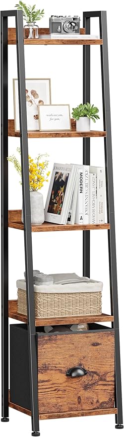 Furologee 5 Tier Narrow Ladder Shelf, Ladder Bookshelf with Drawer, Industrial Shelves Storage Rack Organizer,Skinny Display Shelving Units for Living Room,Bedroom, Kitchen,Rustic Brown