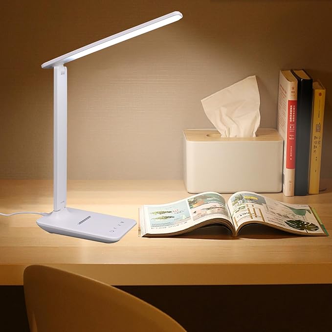 Led Desk Lamp Dimmable Table Lamp with USB Charging Port, 5 Lighting Modes, Sensitive Control, Foldable Portable Dorm Desk Lamps for Home Office Bedroom Reading Study Work (White)