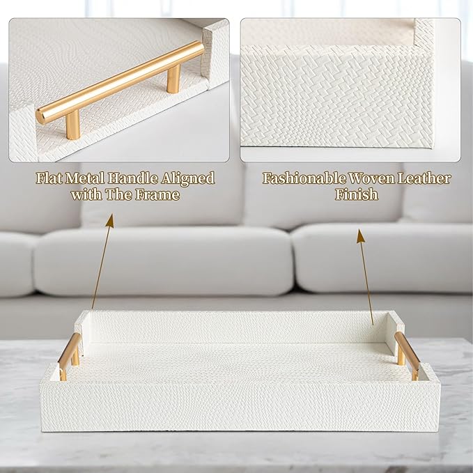2 Piece Woven Leather Ottoman Tray with Gold Handles, Perfect Rectangular Serving Tray for Living Room, Coffee Table Tray as Thoughtful Gift for Home Decor Enthusiasts (White)