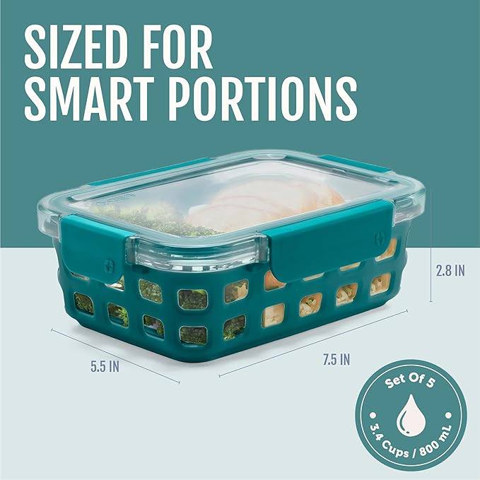 Ello Duraglass 3.4 Cup Meal Prep Sets 10Pc, 5 Pack Set- Glass Food Storage Container with Silicone Sleeve and Airtight BPA-Free Plastic Lids, Dishwasher, Microwave, and Freezer Safe, Melon
