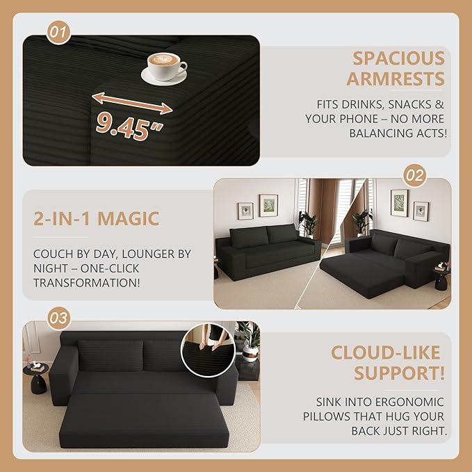 Cloud Loveseat Sofa, Modern Corduroy 2-Seater Couch with Deep Seat, No Assembly Required Memory Foam Sofa, Boneless Sofa in a Box for Bedroom, Apartment, Office,Small Space (Black,70.87in)