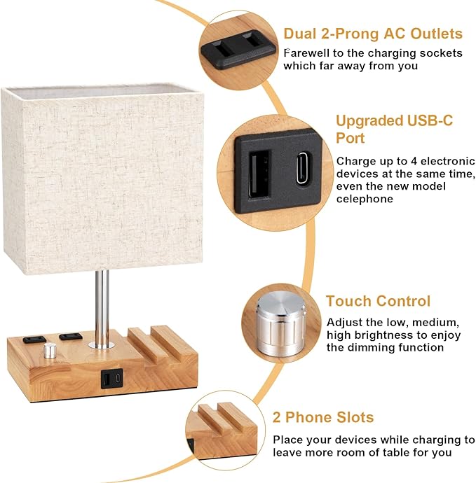 Kakanuo Fully Dimmable Nightstand Lamp for Bedroom with USB C Ports, Small Bedside Table Lamp with Charging Outlets and Phone Stands, Wooden Desk Lamp for Living Room, LED Bulb Included