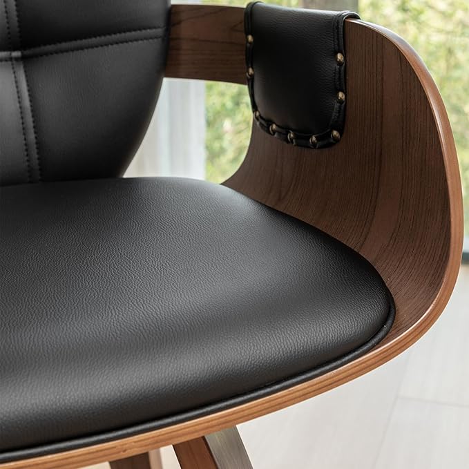 Set of 1 Mid Century Modern Chair - Swivel Dining Chair with Arms and Curved Back, Faux Leather Reception Room Chairs, Ideal for Kitchen/Living Room/Reception/Desk (Walnut Black, Set of 1)