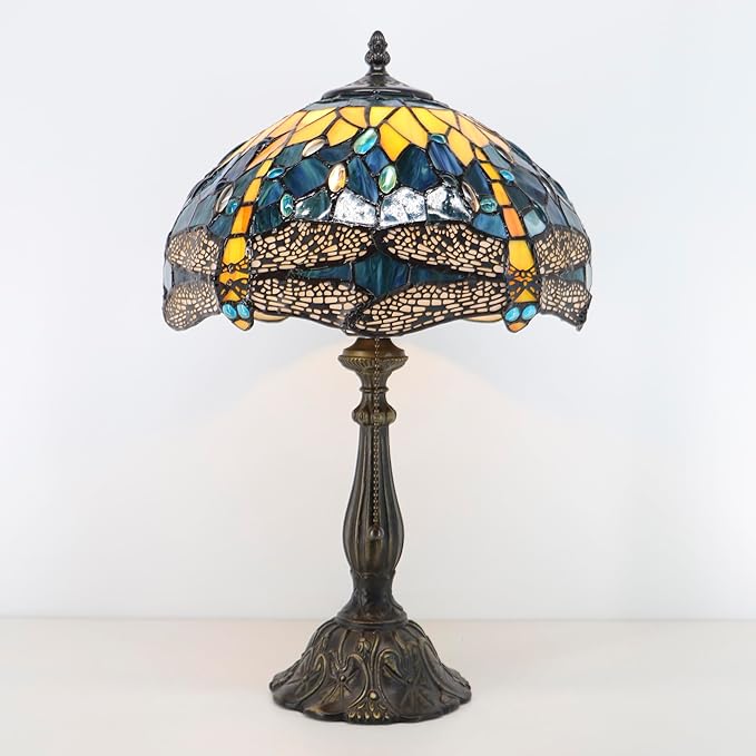 Tiffany Lamps Yellow Dragonfly Style Stained Glass Table Lamp Desk Bedside Reading Light 12X12X18.5 Inches with Bronze Resin Base Applicable to Bedroom Living Room Office