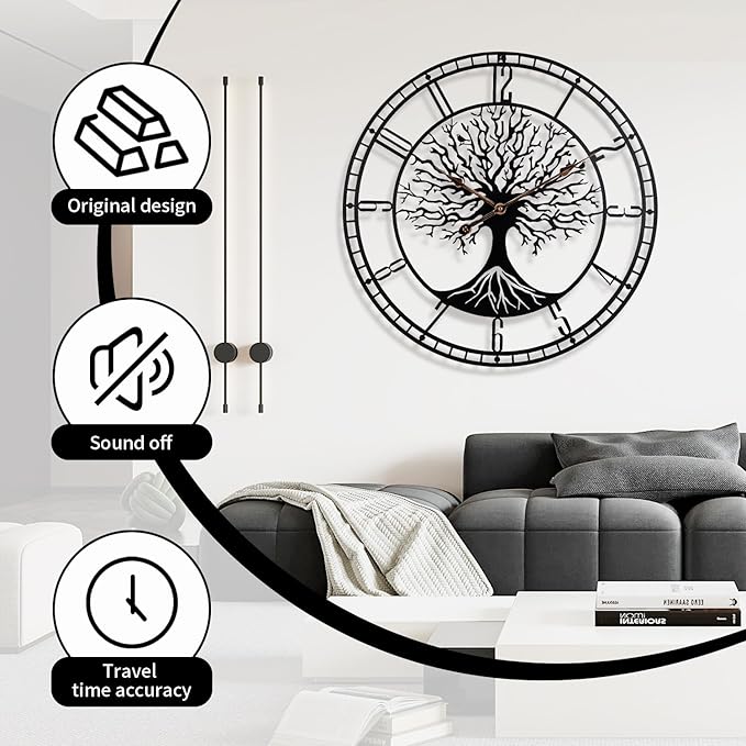 Tree of Life Wall Clock, 24Inch Metal Black Family Tree Oversized Wall Clocks for Living Room Bedroom Home Decor, Modern Silent Mid-Century Battery Operated