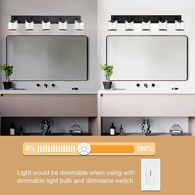 5-Light Modern Vanity Lighting, Black Bathroom Light Fixture Over Mirror with Rectangular Clear Glass,E26 Bulb Base
