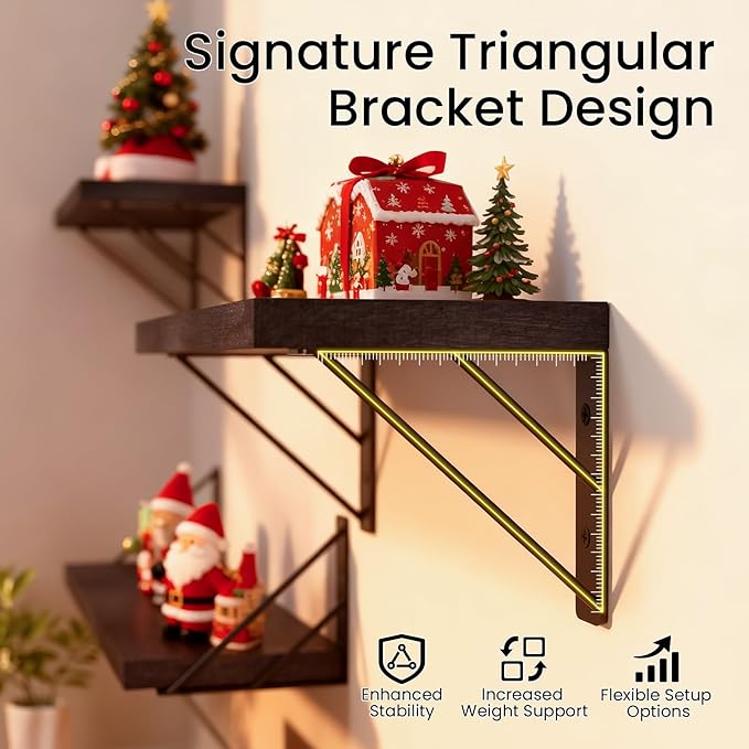 BAYKA Wall Mounted Floating Shelves, Wood Floating Wall Shelf for Books & Decor, Small Space-Saving Display & Organizer（Black，Set of 3）